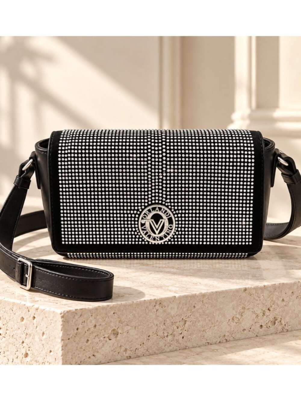Valentino Orlandi V-9009 Black Silver Rhinestone Studded Crossbody Bag